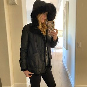 BCBG Maxazria warm teddy jacket w/hood. Like new!! Size XS